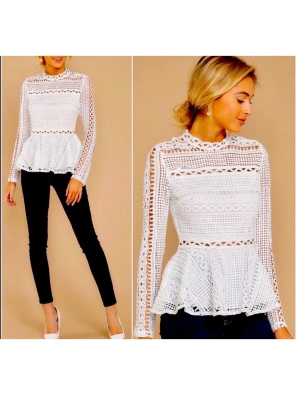 Endless Rose Anthro Crochet Lace Peplum Top White Long Sleeves NEW small